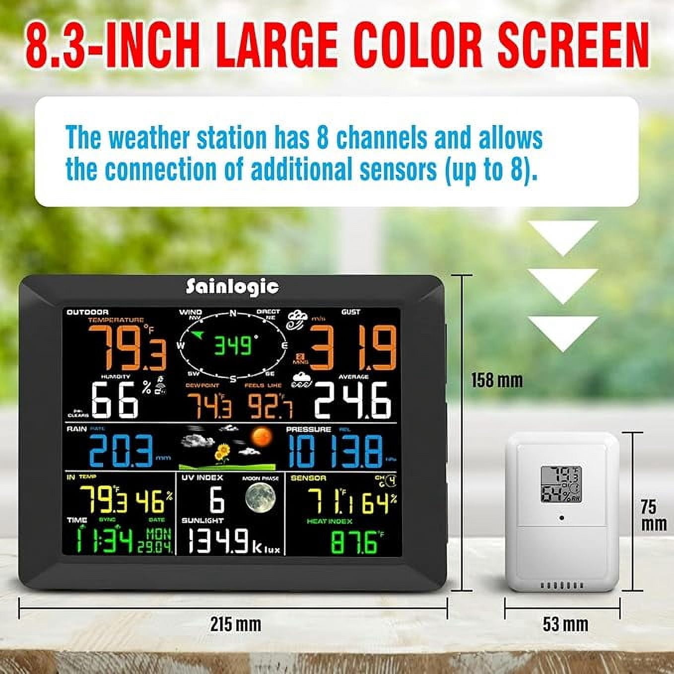 Sainlogic 8.3" Wireless Weather Station, 7-in-1 with Rain Gauge & Wind Sensor, Wifi for Home Garden Farm