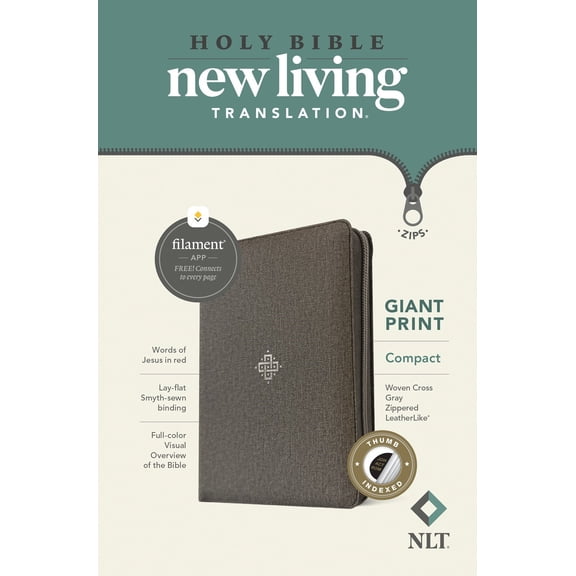 NLT Compact Giant Print Bible Filament-Enabled w/Zipper-Woven Cross Gray LeatherLike Indexed
