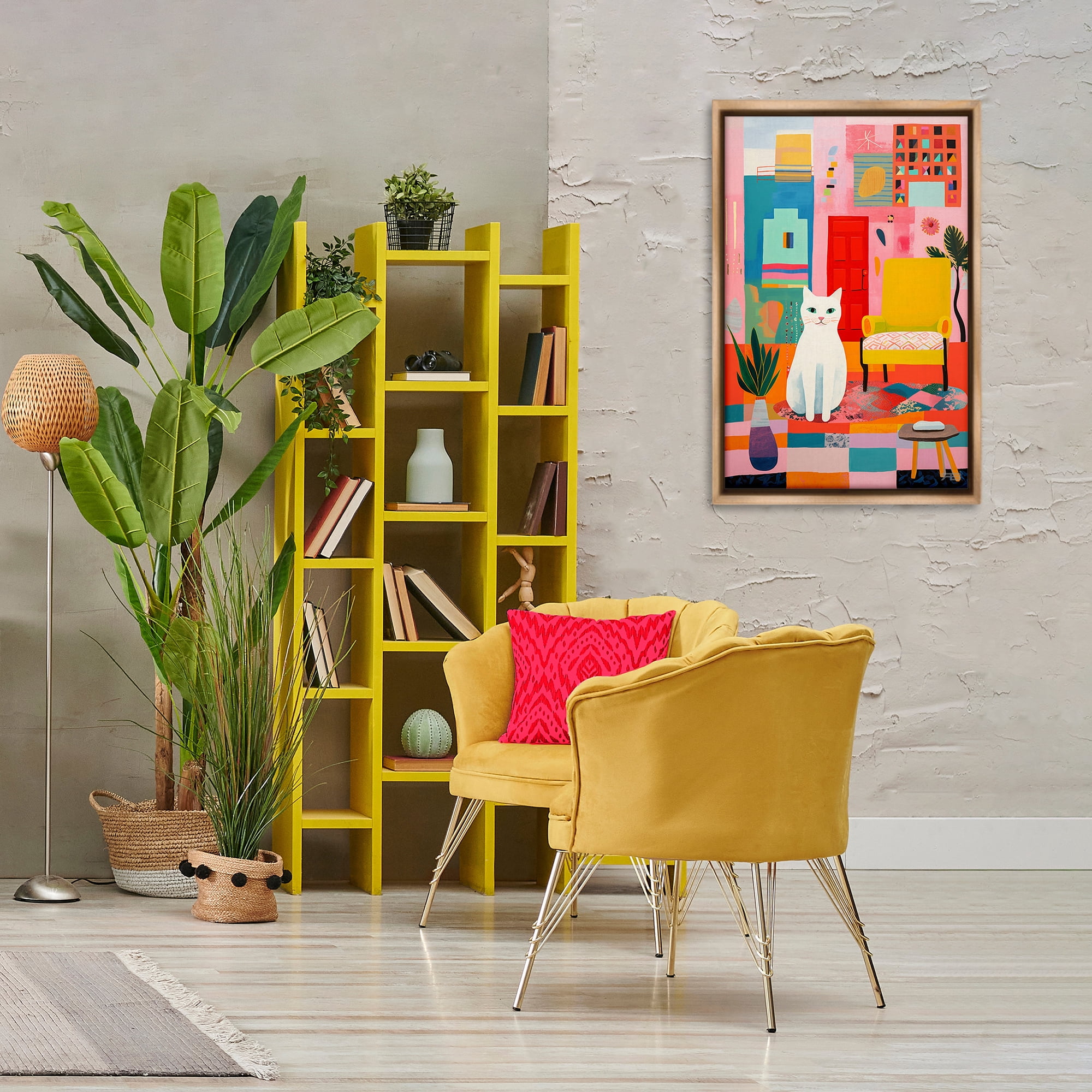 Stupell Industries Cat & Eclectic Design Animals & Insects Painting Brown Floater Framed Canvas Art Print Wall Art, 21 x 31
