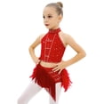 thumbnail image 2 of Choomomo Kids Girls Latin Dance Outfits Sparkly Halter Neck Crop Top with Feather Tassels Skirts Jazz Ballroom Dancewear Red 16, 2 of 7