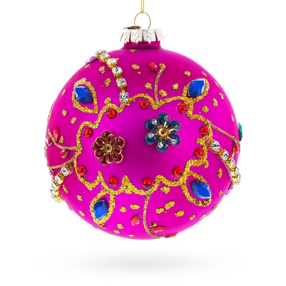 Bright Fuchsia with Glitter and Gems Glass Ball Christmas Ornament