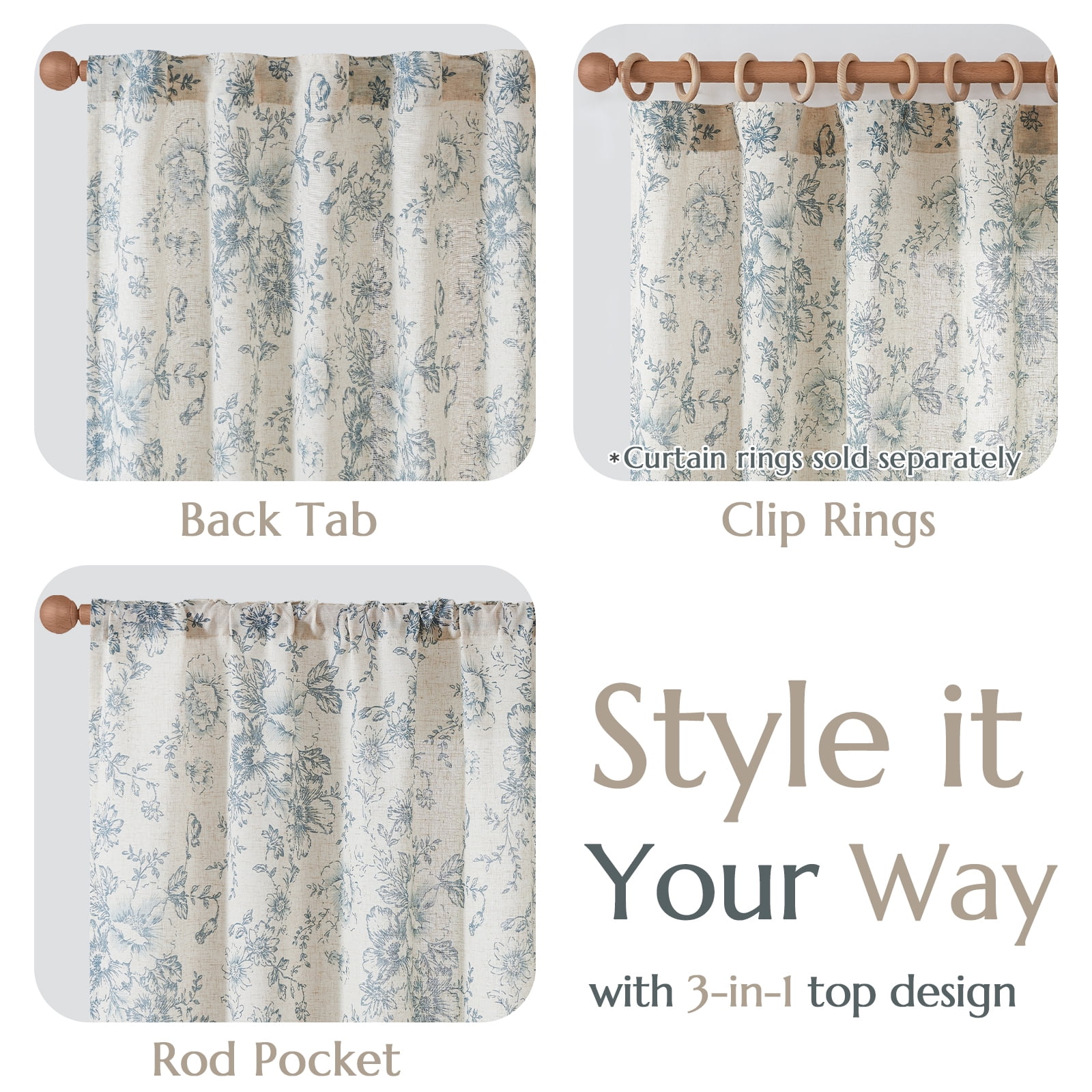 CURTAINKING Linen Curtains Floral Curtains for Living Room 84 Inch Length Blue Printed Curtains Rod Pocket Back Tab Farmhouse Peony Flower Patterned Drapes Bedroom Window Curtain Set 2 Panels