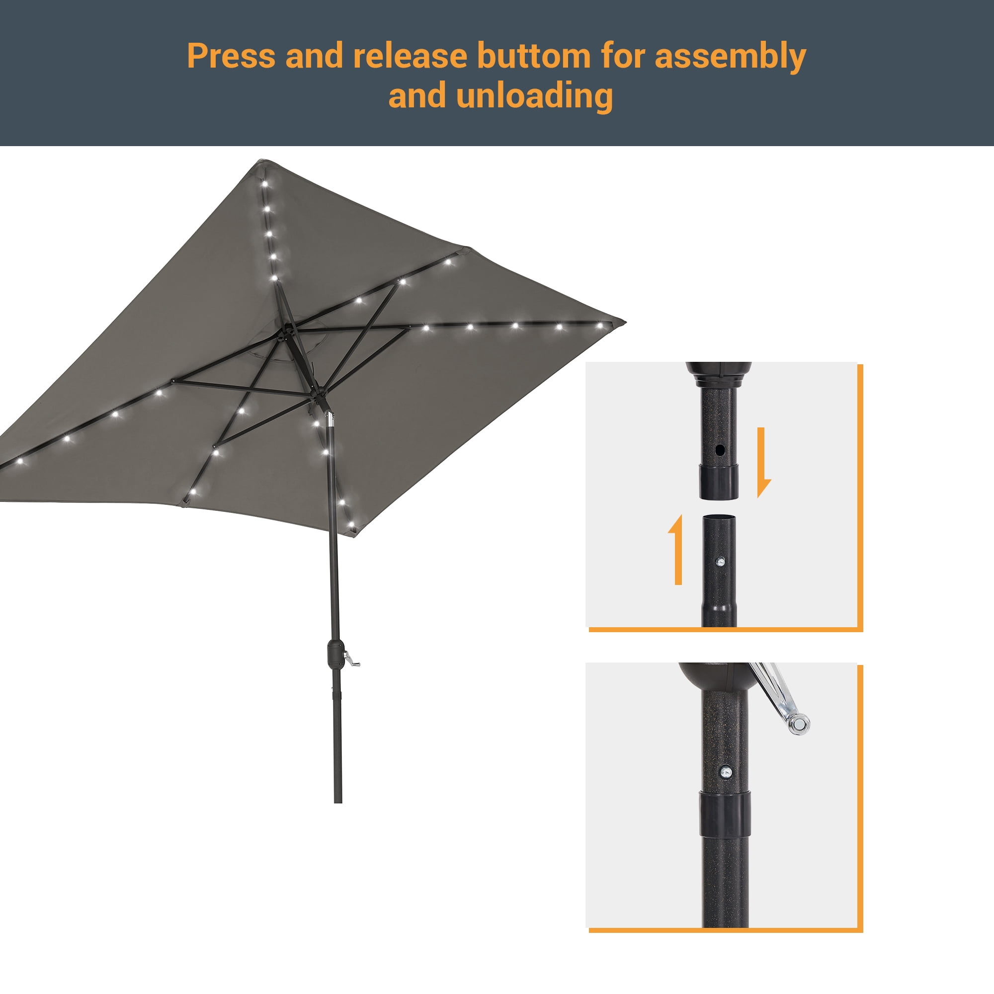 ACEGOSES 10x 6.5ft LED Solar Outdoor Patio Rectangle Table Umbrellas with Non-Fading Canopy for Garden and Yard,Gray