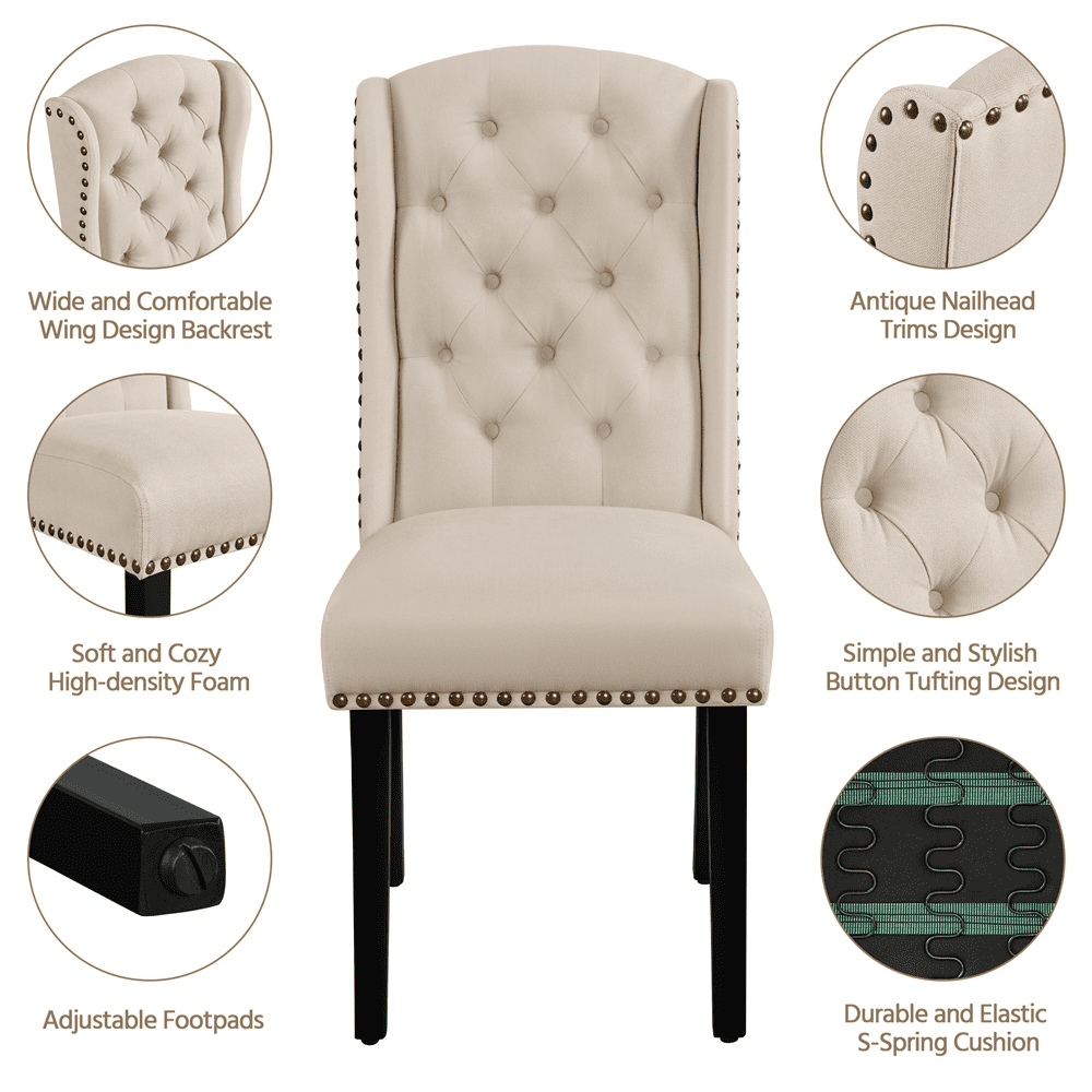 Alden Design 2pcs Upholstered Tufted Dining Chairs with Wing Design for Kitchen, Beige
