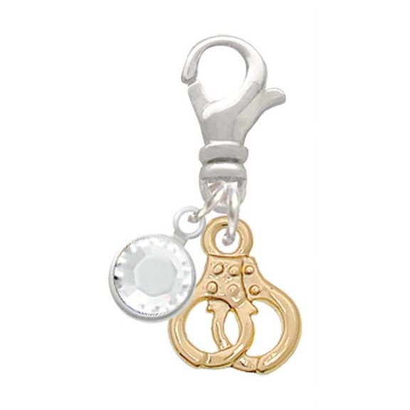 Delight Jewelry Goldtone Mini Handcuffs - Silvertone Clip on Charm with Clear Crystal Drop