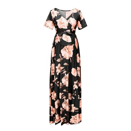 

YWDJ Plus Size Dress V-neck Short-sleeved Belt Printed Maternity Dress For Women Black S