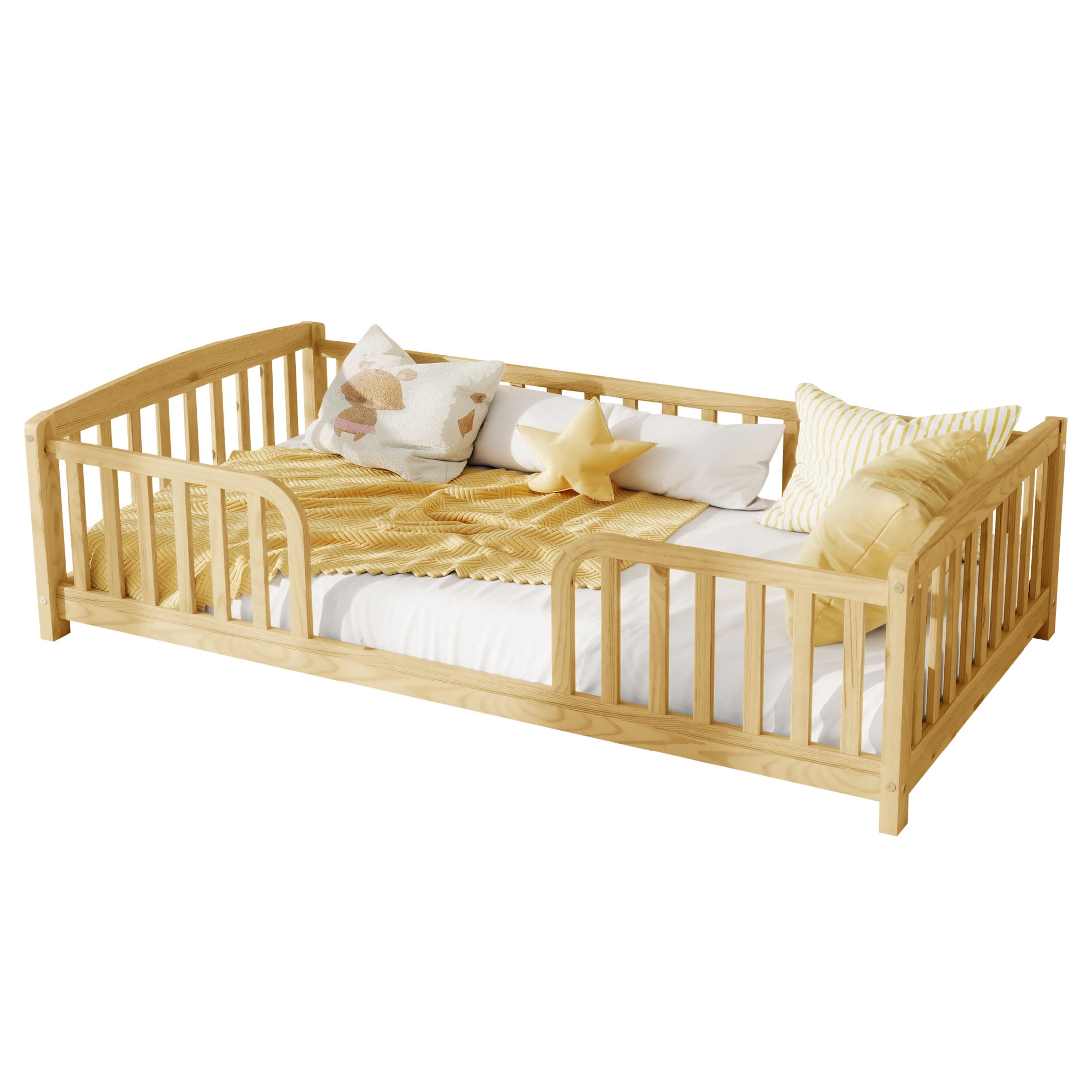Noble House Norva Twin Size Floor Bed with Central Curved Entrance Guardrails, Pine Wood Bed Frame, Natural