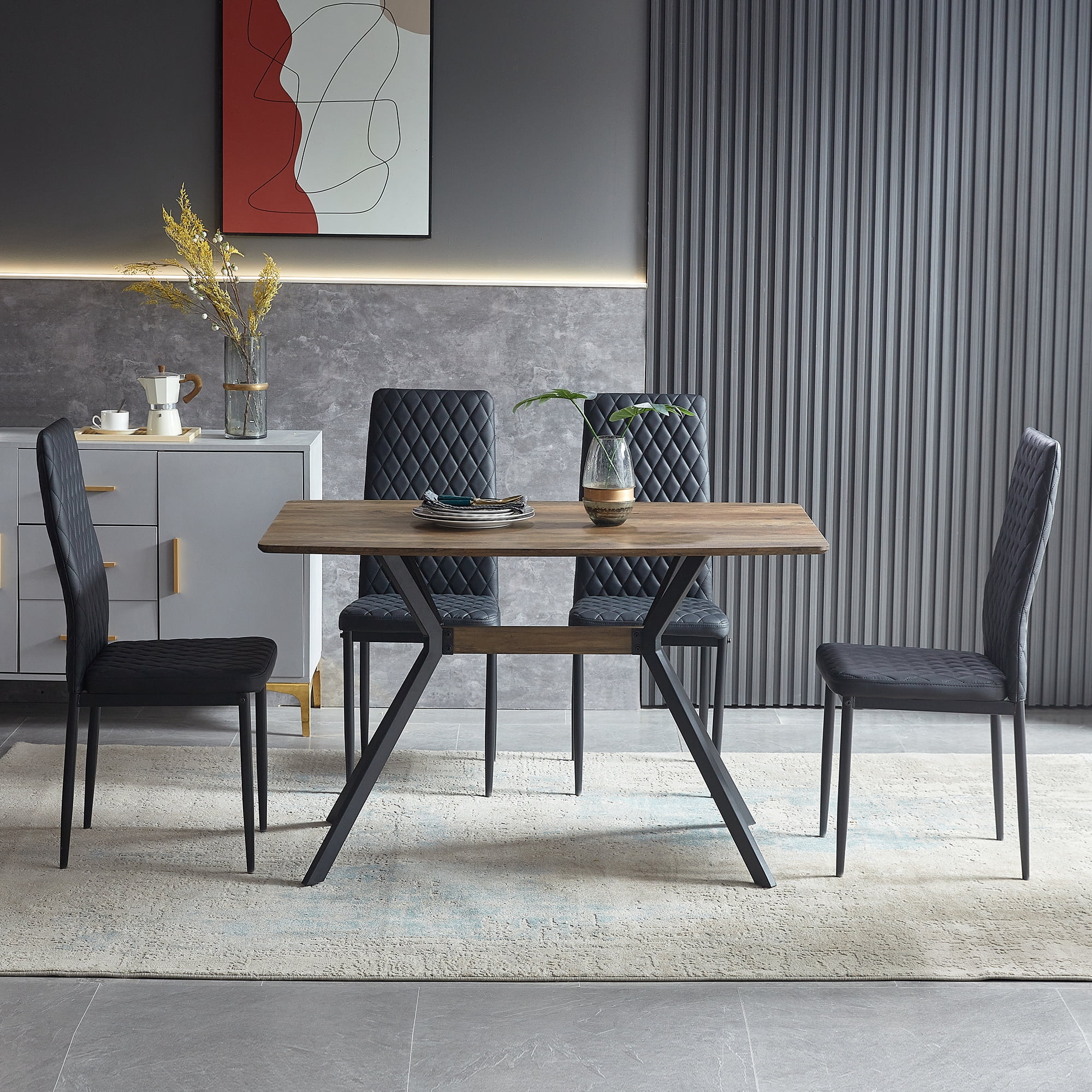Dining Table, MDF Wooden Top Black Metal Shelf Metal Heat Transfer Legs Leveling Feet For Dining Room Kitchen Office Table