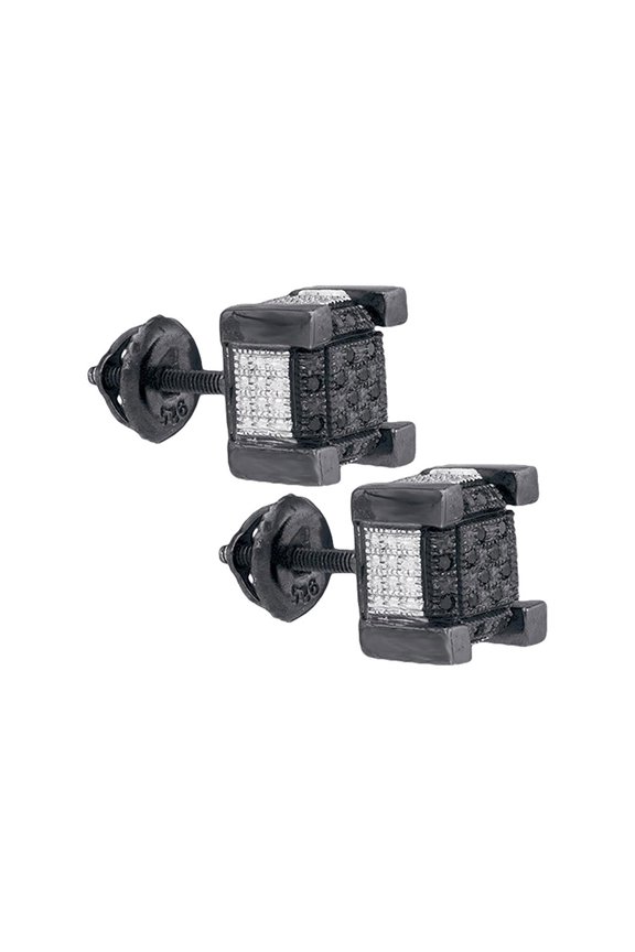 Sterling Silver Mens Round Black Color Enhanced Diamond 3D Cube Square Earrings 1/10 Cttw