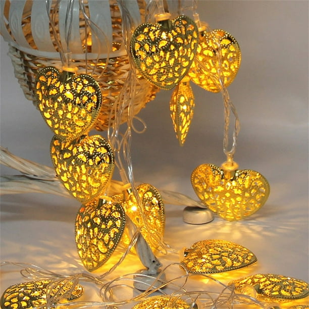 Lámpara cortina metálica en forma de corazón | 10 luces decorativas LED alimentadas por pilas | Plata dorada | Interior exterior IP44 | 1 pack | 6x5cm cada una | Decoración para la fiesta nupcial