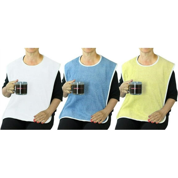 Terry Cloth Adult Bib with Velcro Closure - 3 Pack (1 White 1 Blue 1 Yellow)