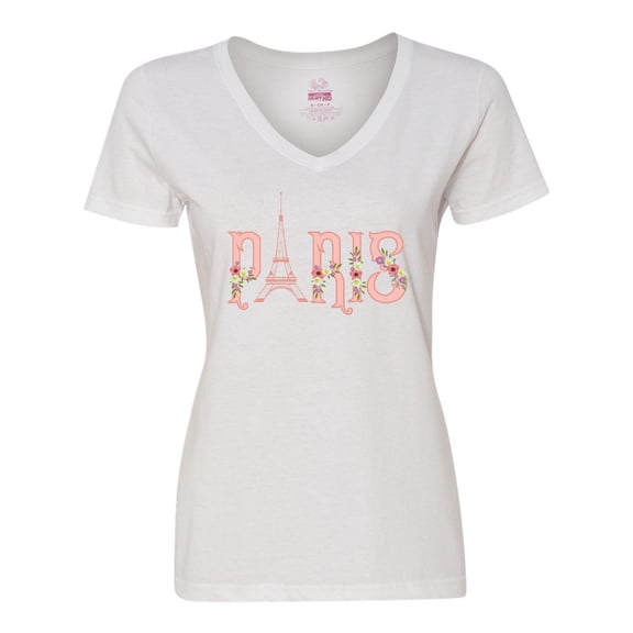 Inktastic Pink Paris Eiffel Tower with Flowers Women's V-Neck T-Shirt