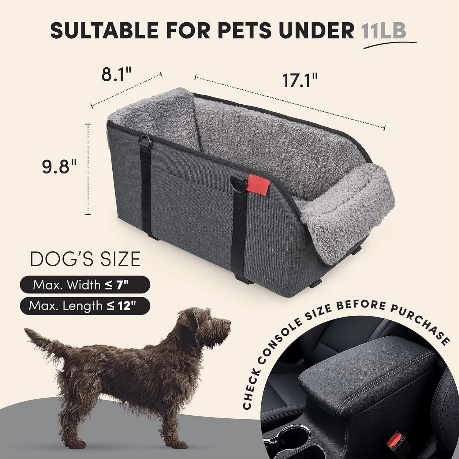 Comfort Pet Car Seat for Small Dogs and Cats in Grey with Safety Features
