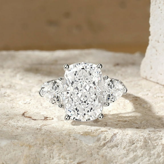 Silvago Jewel Cushion Cut Excellent 2.8 Ct Diamond Ring For Women's - 14K White Gold Plated Wedding Anniversary Ring - Engagement Wedding 3 Stone Ring For Women's - 30th Wedding Anniversary Gifts