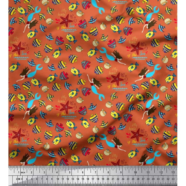 Soimoi Rayon Fabric Fish,Mermaid & Starfish Ocean Decor Fabric Printed Yard 56 Inch Wide