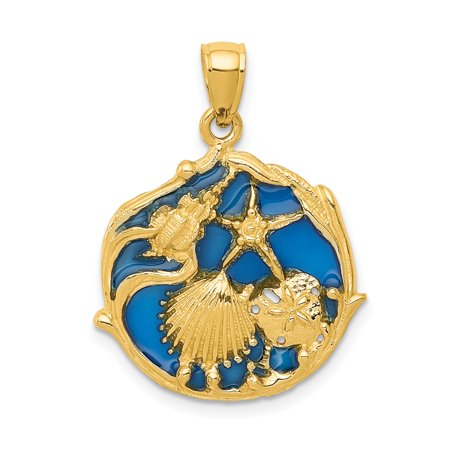 14k Yellow Gold Sea Life Pendant for Women with Starfish Sand Dollar Conch and Seashell on Blue Enamel Background, Nautical Coastal Ocean-Inspired Nature Jewelry