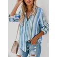 thumbnail image 4 of QWZNDZGR Womens V Neck Striped Roll up Sleeve Button Down Blouses Top, 4 of 5