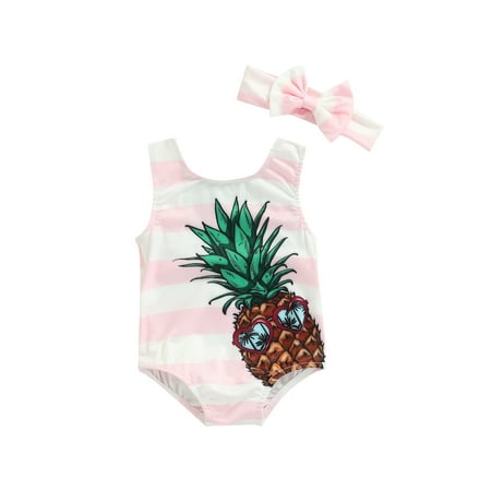 

TheFound Summer Cute Baby Girls Swimwear Bikini Sets 2pcs Pineapple/Shell/Donut Printed Sleeveless Beachwear Headband