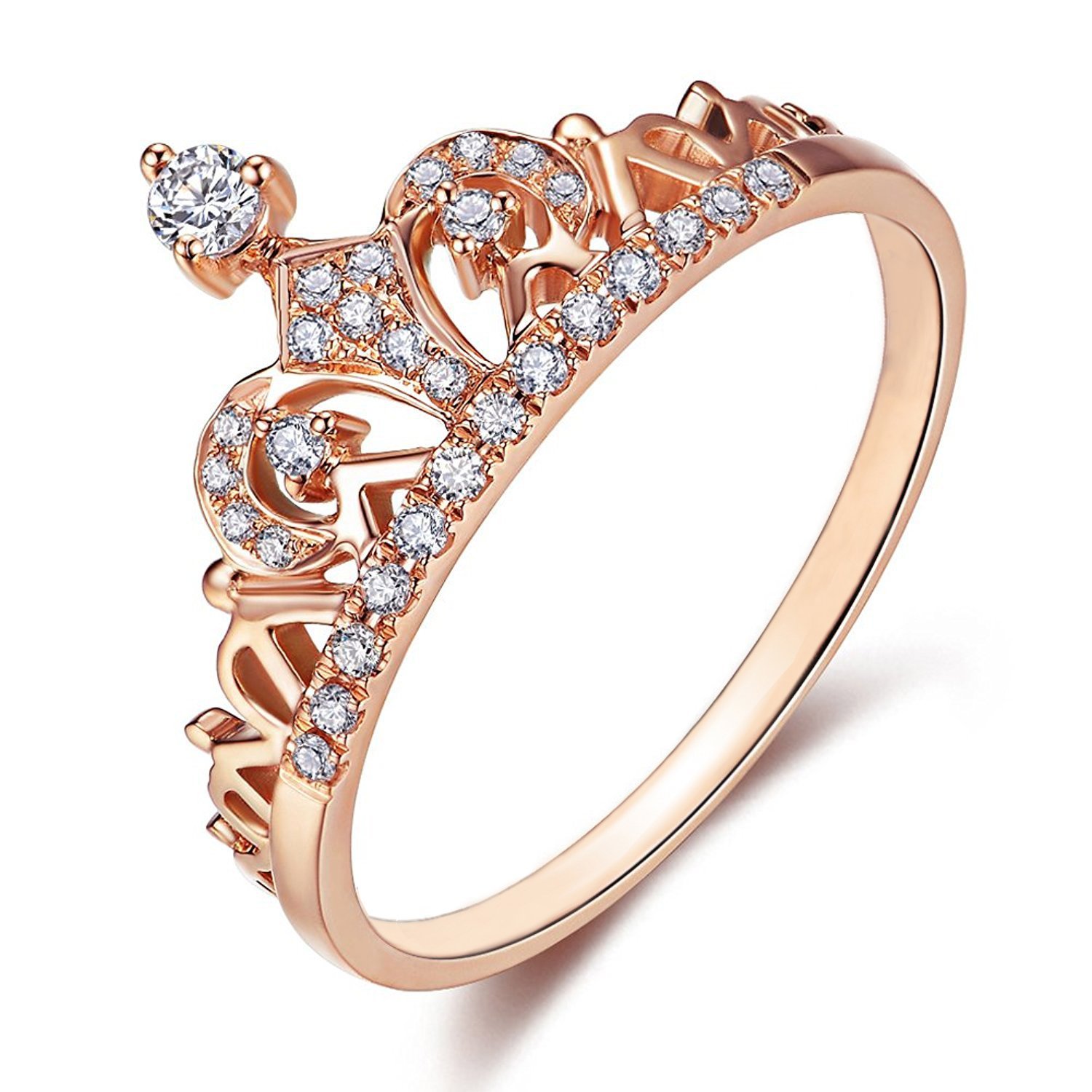 Women Crown Rings Tiara Princess Queen 18K Rose Gold Plated Tiny CZ