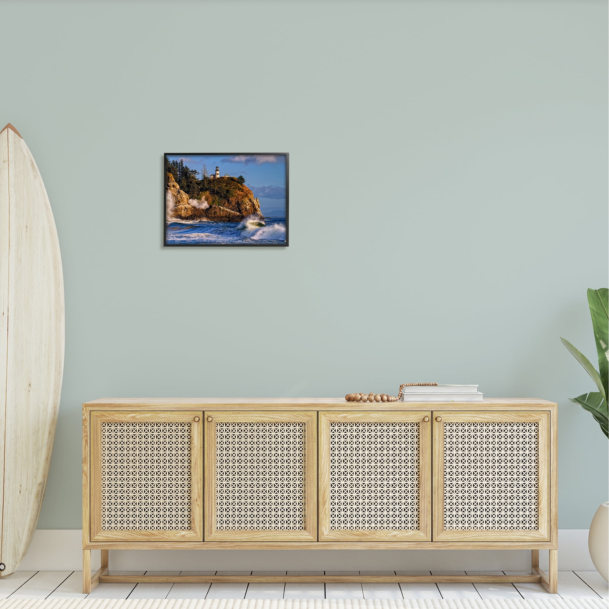 Stupell Rolling Sea Waves Lighthouse Cliff Landscape Photography Black Framed Art Print Wall Art