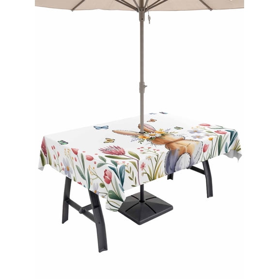 Easter Outdoor Tablecloth - 60x102 Inch Rectangle Dining Table Cover, Spring Flowers Wreath Rabbit Budding Florals Waterproof Outdoor Table Cloth with Umbrella Hole & Zipper for Picnic/Patio/Party