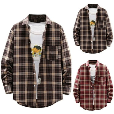 Men's Tops Long Sleeve Shirts New Casual Fashion Men's Plaid Shirt Loose Youth Long Sleeve Shirt Men's Casual Shirt Coat Long Sleeve Turndown Collar Blouse & Shirt Red qILAKOG Size XXXL
