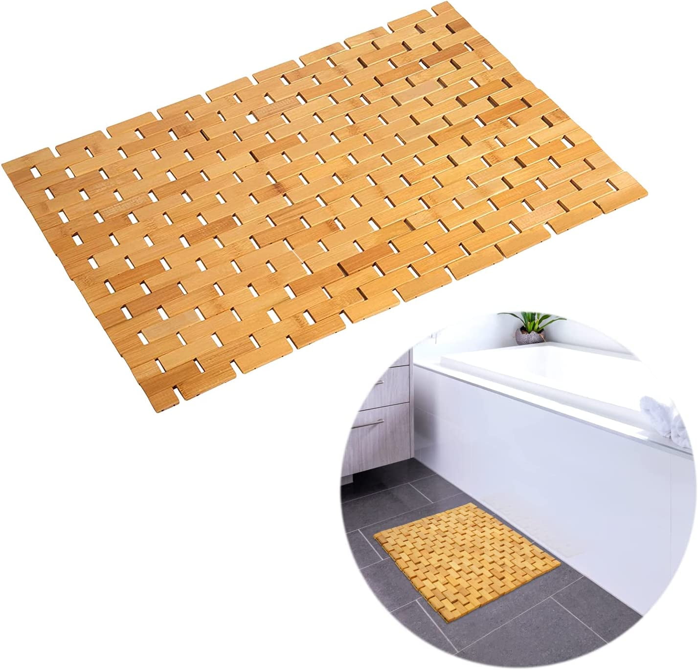 Natural Bamboo Bath Mat, Wooden Door Mat Kitchen Floor Bath Rug