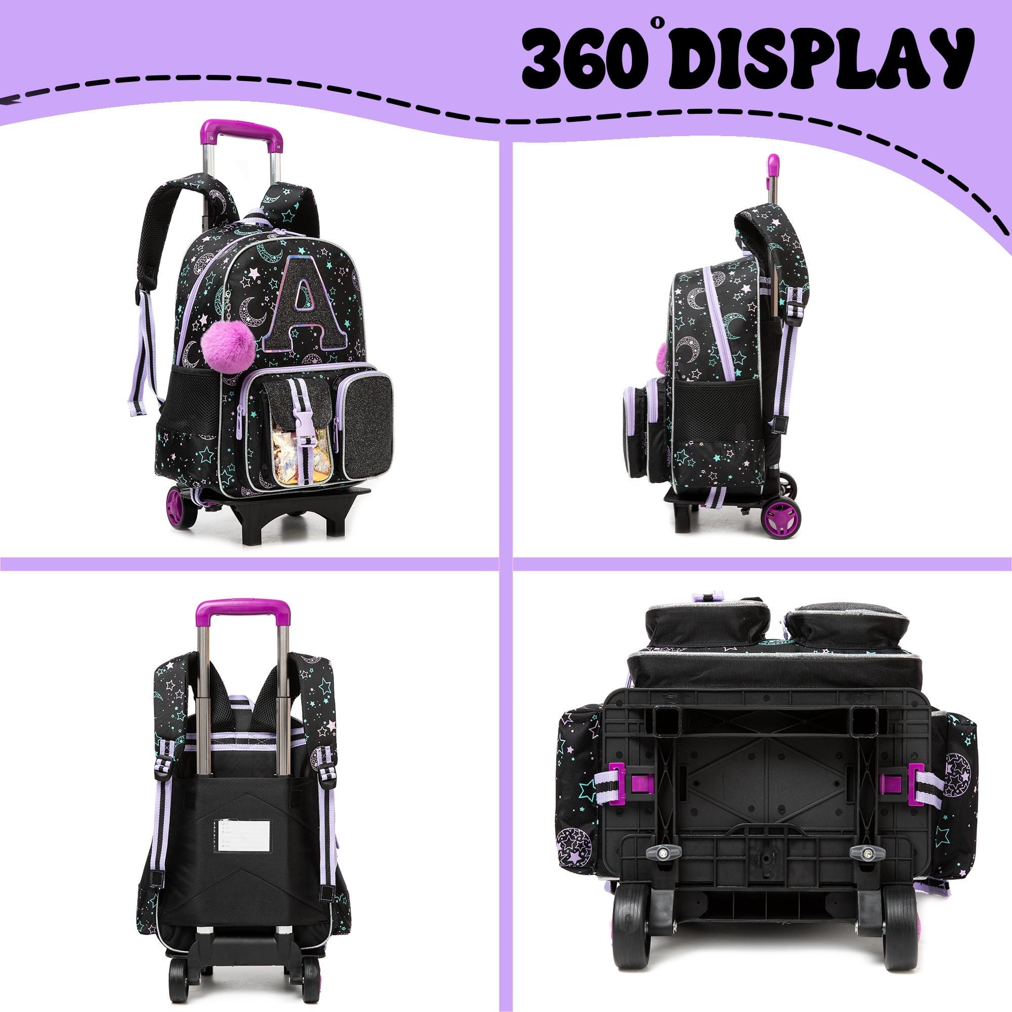 Kids Rolling School Backpack for Girls with Wheels Sequin Cute Carry on Roller Bookbag,Backpacks with Lunch Box for Elementary Student