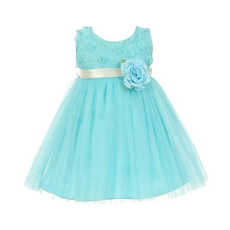 Baby Girls Aqua Chiffon Rosebud Applique Bodice Tulle Flower Girl Dress