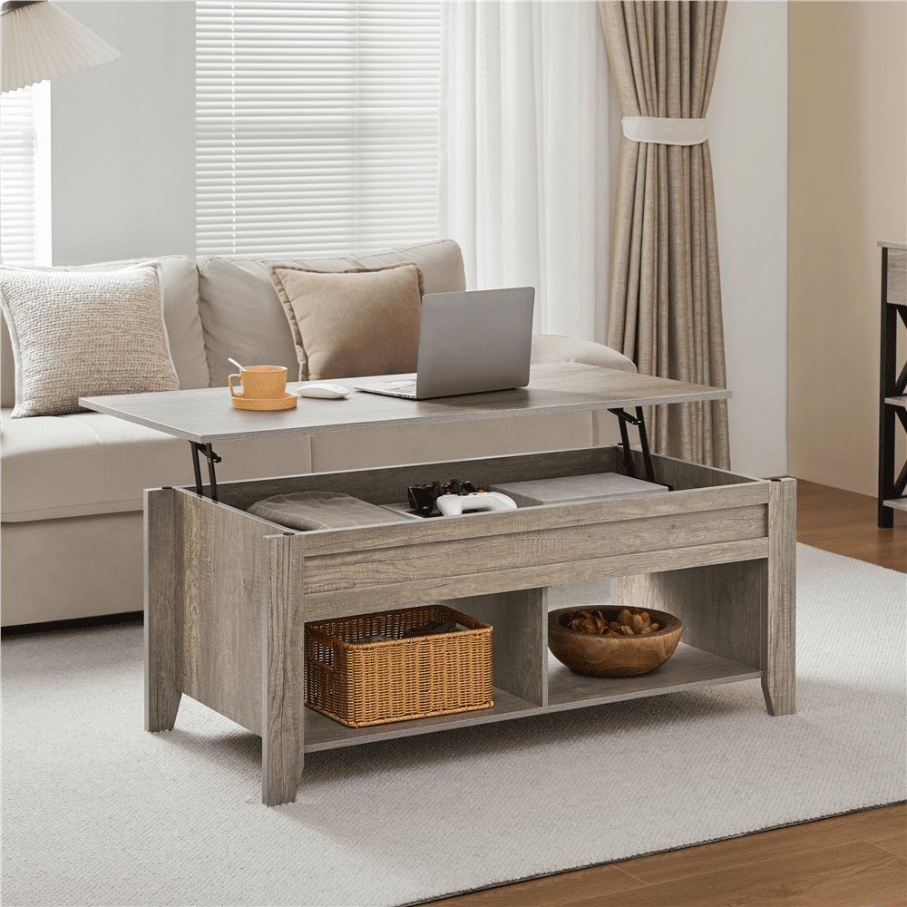Alden Design 41" Wooden Lift Top Coffee Table with 2 Storage Compartments for Living Room, Rustic Gray