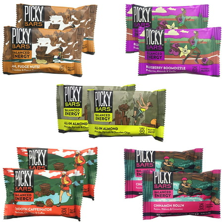 Picky Bars Real Food Energy Bars Plant Based Protein All-Natural Gluten Free Non-GMO Non-Dairy 5 Flavors Ah Fudge Nuts All-In Almond Blueberry Boomdizzle Cinnamon Roll n and Smooth Caffeina