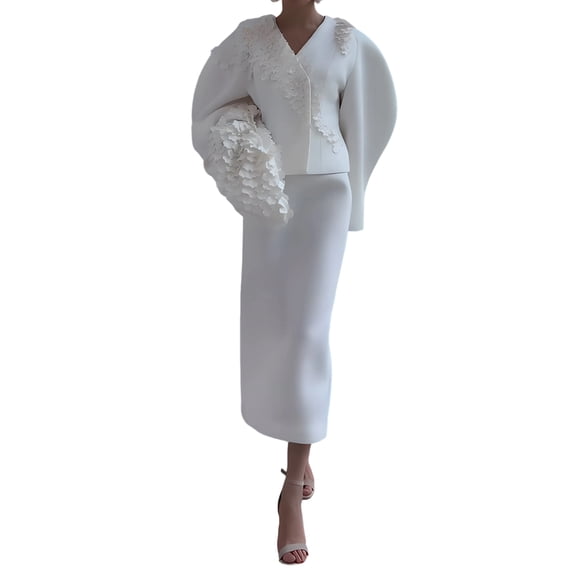 Business Suit Sets for Women 2 Piece Outfits Floral Applique Peplum Tops Pencil Midi Skirt Set White L