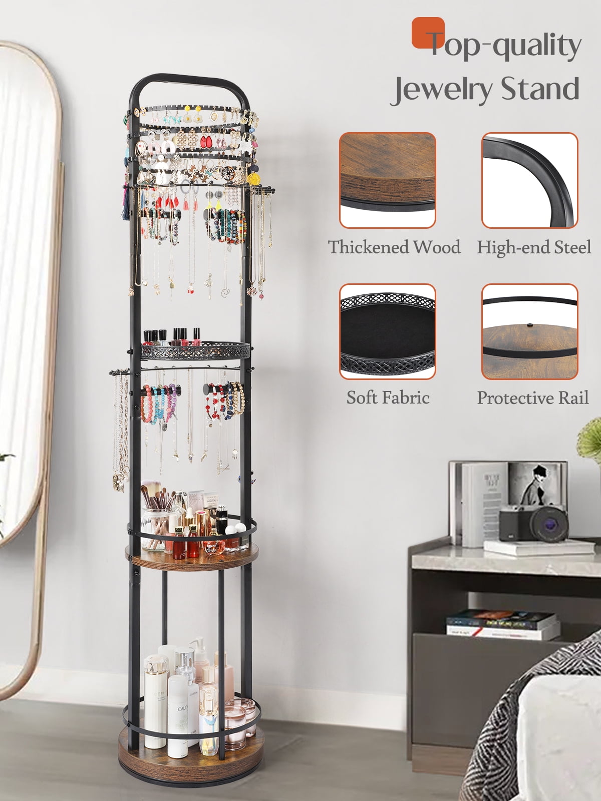 Olakee Rotating Large-Capacity Jewelry Organizer Stand for Earring, Necklace, Bracelet, Ring, Durable Metal & Wood, Girls & Women, Modern, Brown & Black
