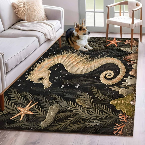 Coastal Vintage Seahorse Area Rug 4x6 Washable Rug Non Slip Summer Ocean Starfish Coral Large Area Rug Indoor Floor Carpet for Entryway Bedroom Kitchen Living Room Home Office Dining Room Nursery