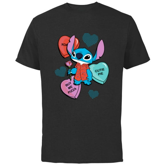 Disney Stitch Funny Candy Hearts Valentine's Day - Short Sleeve Cotton T-Shirt for Adults - Customized-Black
