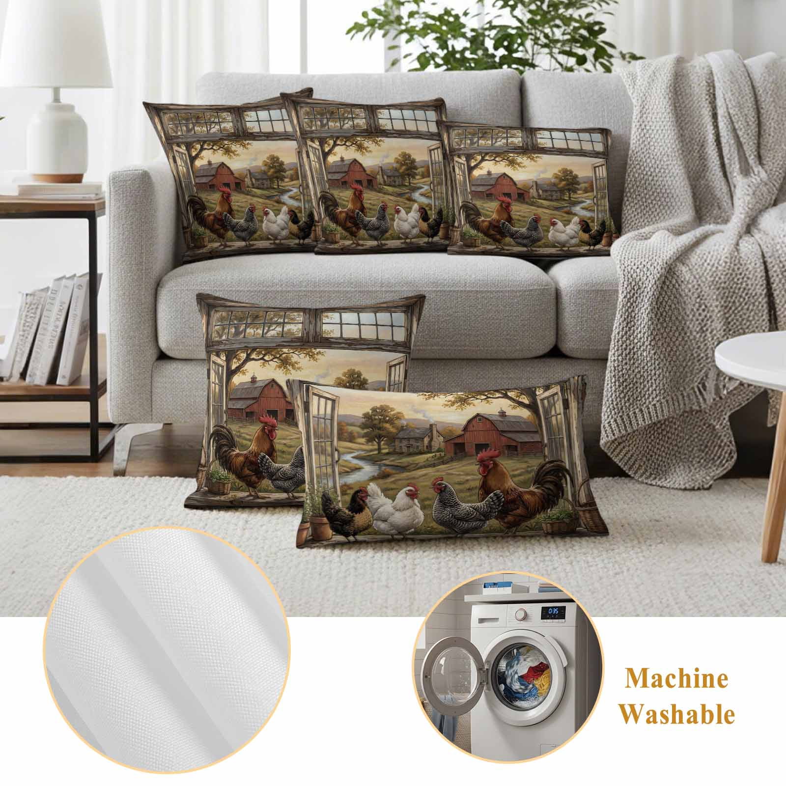 Farm Animals Pillow Covers 2 Pack Pastoral Landscape Farmhouse Rooster Hen Chicken Barn Pillowcase Waterproof Outdoor Throw Pillow Cover for Patio Garden Square Cushion 16”x16”