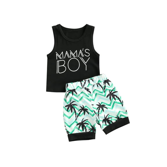 Douhoow Baby Boys Two-piece Clothes Black Sleeveless MAMA'S BOY Print T-shirt Elastic Waist Shorts