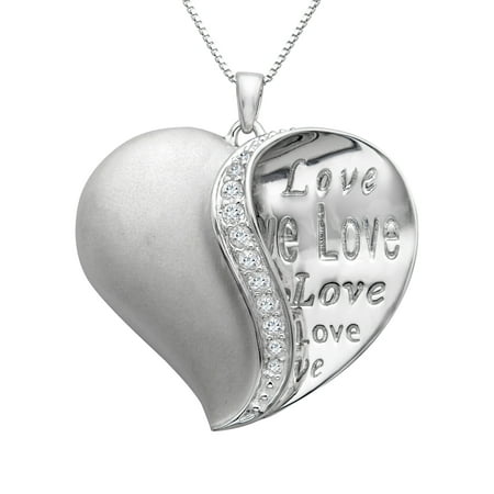'Love' Heart Pendant Necklace with White Crystal in Sterling Silver