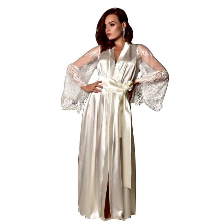 Women Sexy Silk Nightgown Dress, Lace Transparent Sleeve V Neck Tie Waist  Satin Kimono Robe Dress - Walmart.com