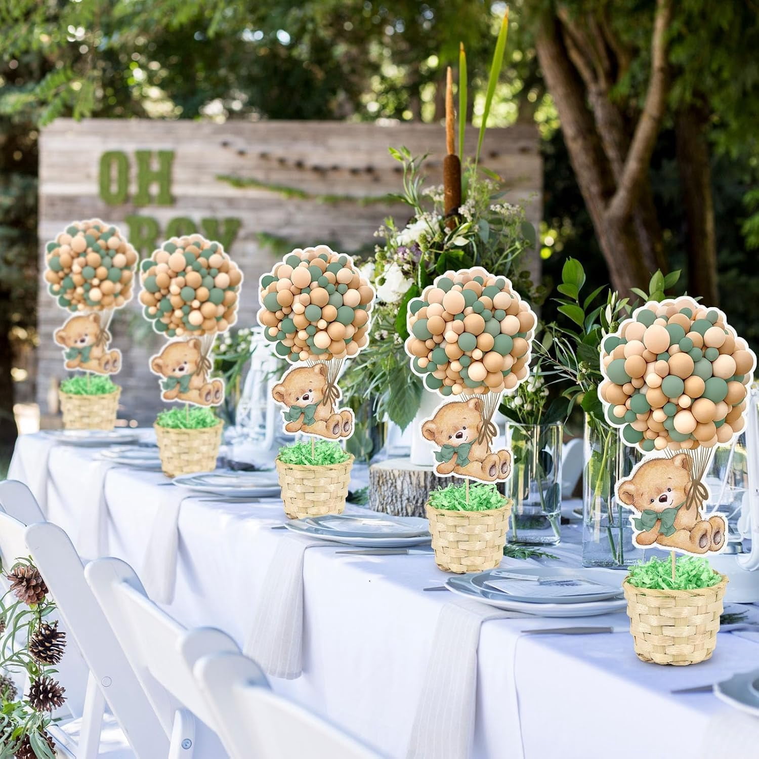 6 Set Sage Green Baby Shower Table Centerpieces Decortion Hot Air Balloon Cute Babys Bear with Bamboo Basket Lafite Garss Welcome Oh Baby We Can Bearly Wait Boy Or Girl Gender Reveal Party Favor
