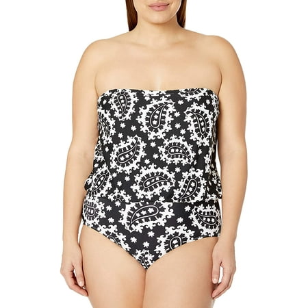 ANNE COLE Black/White Bandeau Blouson One Piece Swimsuit, US 20W, NWOT