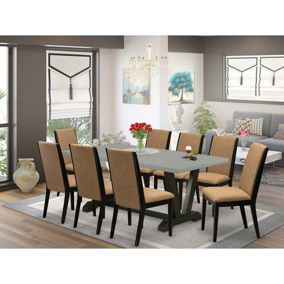 East West Furniture V697LA147-9 9-Piece Stylish Dining Table Set a Great Cement Color Rectangular Dining Table Top and 8 Lovely Linen Fabric Dining Chairs with Stylish Chair Back, Wire Brushed...