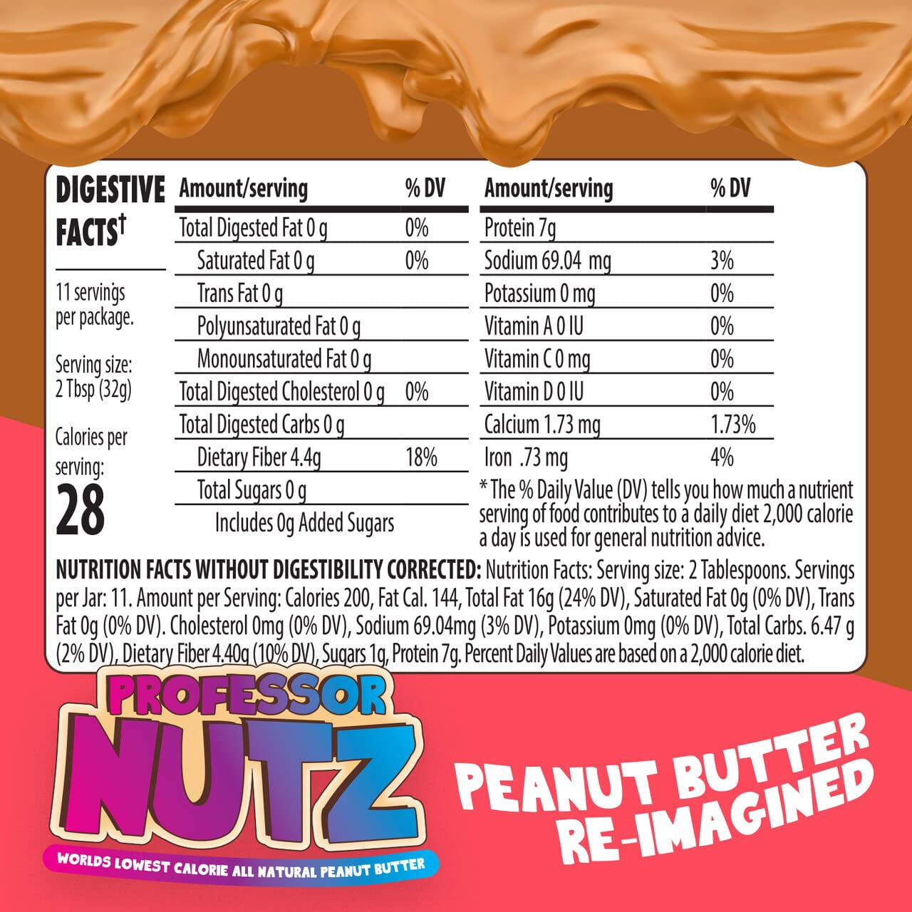 Professor Nutz Organic Peanut Butter- Low Calorie, Nut Butter, Natural Peanut Butter, Natural Fiber, Healthy Peanuts, Great source of Protein, 30 Essential Vitamins & Minerals - 12.41 Oz, Original Original 12.41 Ounce (Pack of 1)