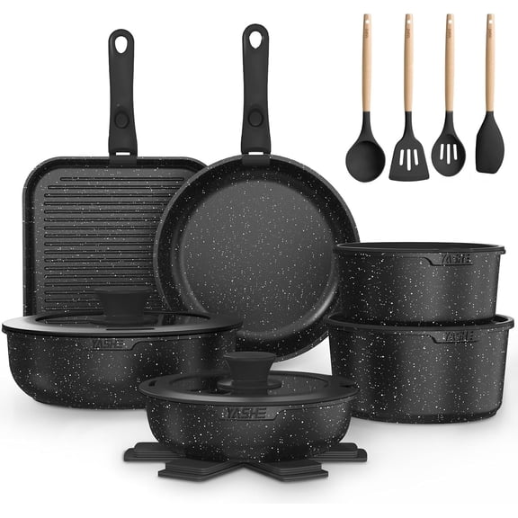 YASHE 21Piece Pots and Pans Set with Removable Handles,Nonstick Cookware Set, Induction Compatible, Oven Safe, Dishwasher Safe, Stackable Cookware for Kitchen