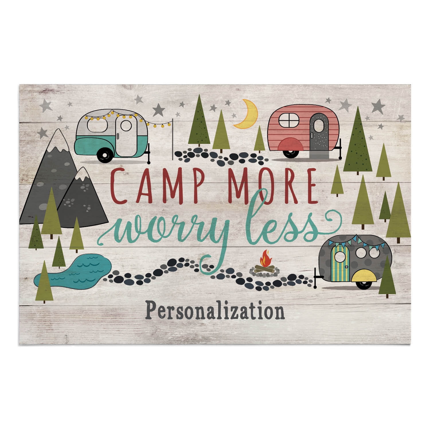 Personalized Planet 27x18 Camp More Worry Less Doormat with Custom Family Name Printed on Taupe Rectangular 1/8” Thick Non Slip Mat with Vintage Campers for RVs Campsite Deck or Porch
