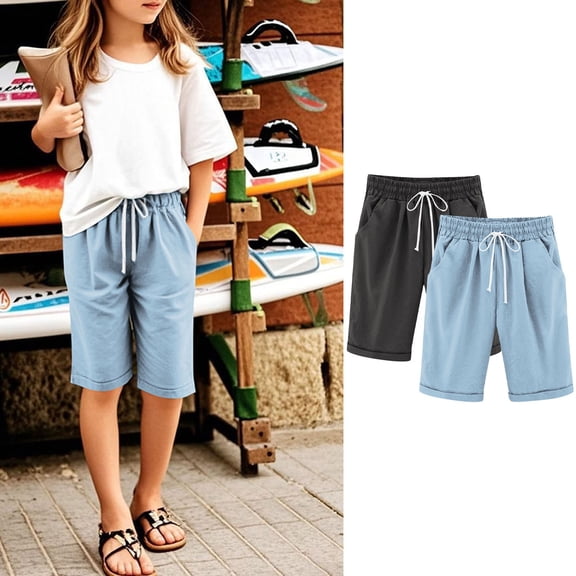 Maqroz 2 Pack Girls Bermuda Shorts Elastic Waist Casual Summer Linen Shorts with Side Pockets Solid Color Loose Fit Capri Pants 3-13 Years