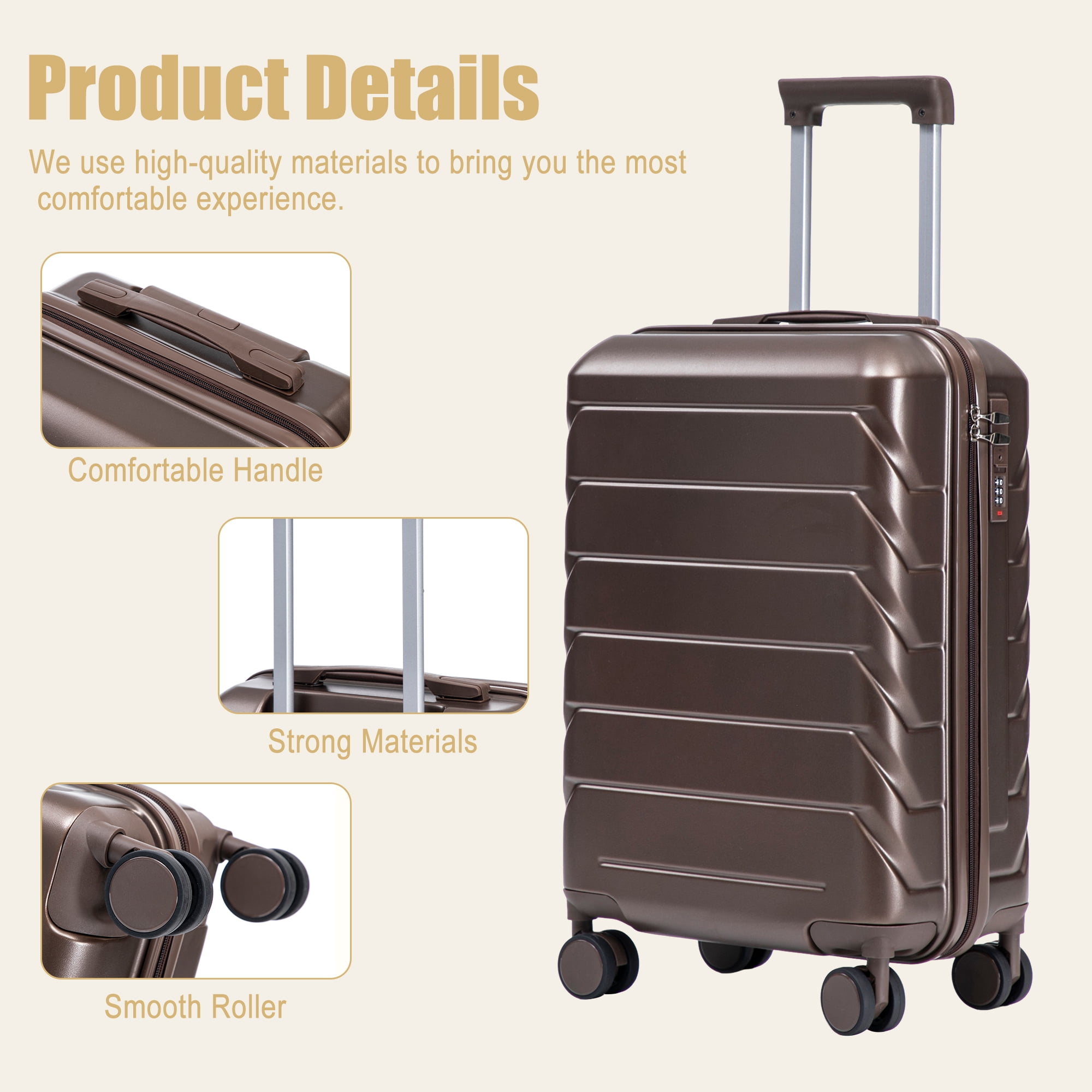 Leumius Hardside Carry on Luggage with Spinner Wheels, Hard Shell ABS Suitcase, 20-Inch Lightweight Expandable Rolling Luggage,Brown