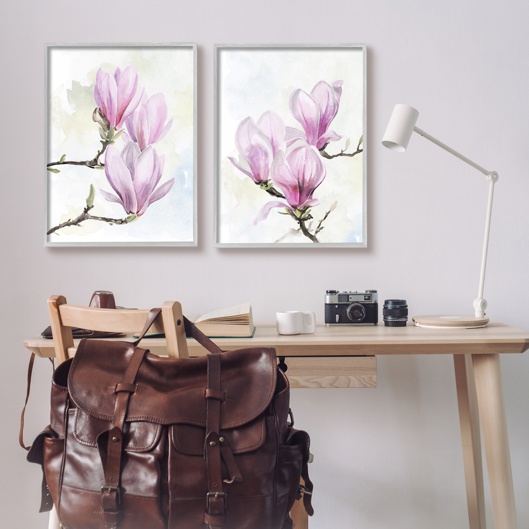 Stupell Pink Magnolia Flower Blossoms Botanical & Floral Painting Gray Framed Art Print Wall Art, Set of 2