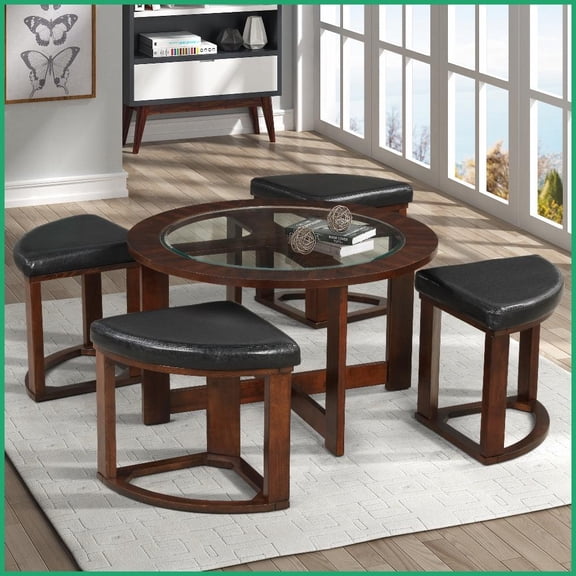 Space-Saving Contemporary Solid Wood Glass Top Coffee Table Set with 4 Faux Leather Stools for Living Room