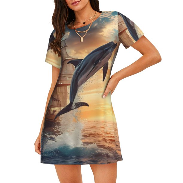 Fotbe Sailing Dancing Dolphin Bata de Dormir para Mujer con Estampado, Camisón de Algodón de Manga Corta, Ropa de Dormir Casual